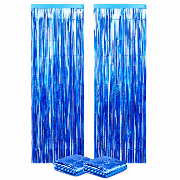 2 Pack Blue Foil Fringe Curtain Backdrop, 3.28 x 6.56 ft Metallic Tinsel Streamers for Birthday, Graduation, Wedding and Holiday Party Decorations