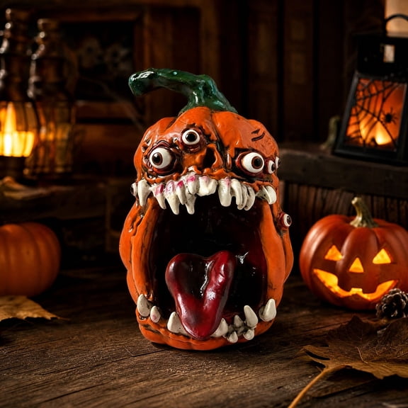 Miwamany Creepy Pumpkin Resin Desktop Decor Scary Fanged Multi Eyed Pumpkin Sculpture Gothic Halloween Table Centerpiece Ornament Indoor Home Decoration Halloween Decorations Indoor Outdoor