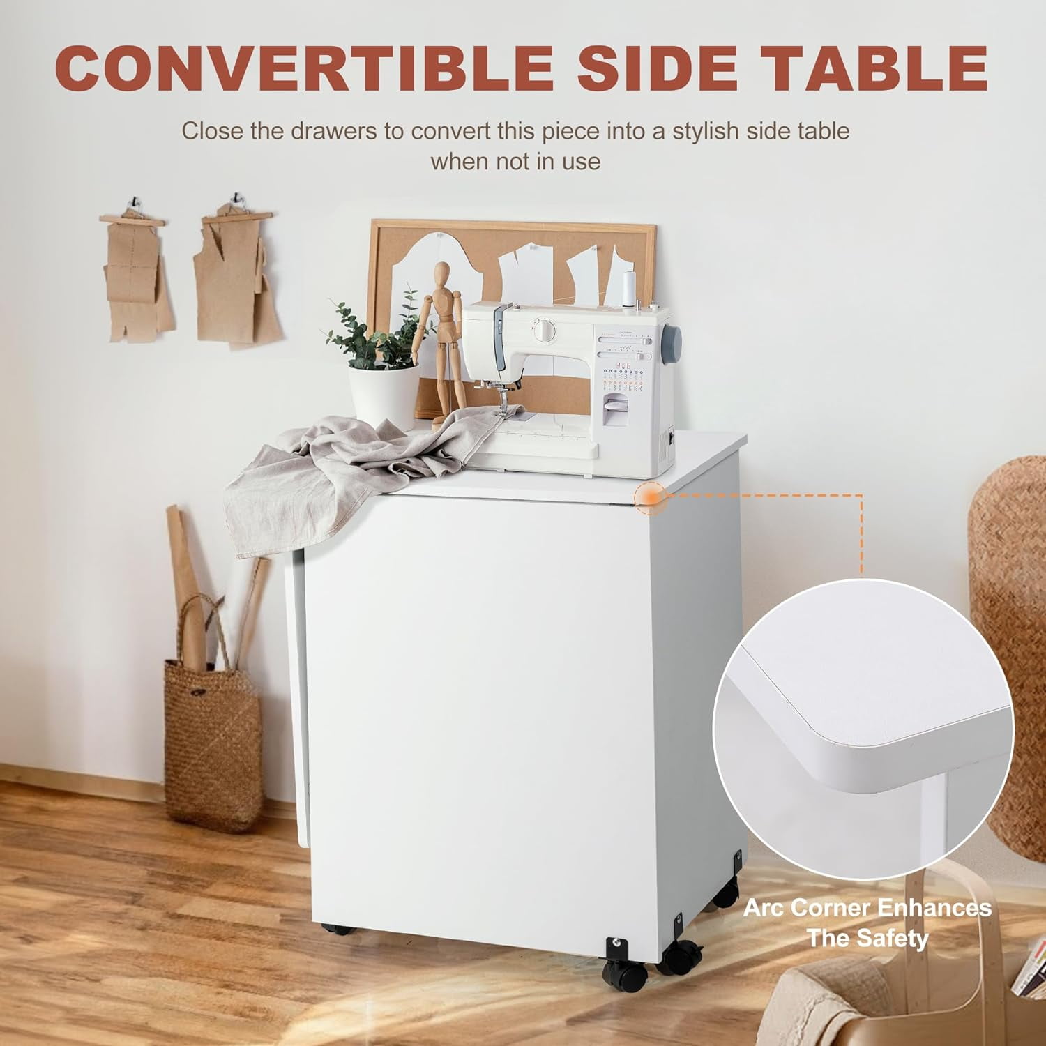 Folding Sewing Table, Multipurpose Sewing Machine Table with Compact Design, Wheels, Shelves, Bins, Pegs, Magnetic Locks (White)