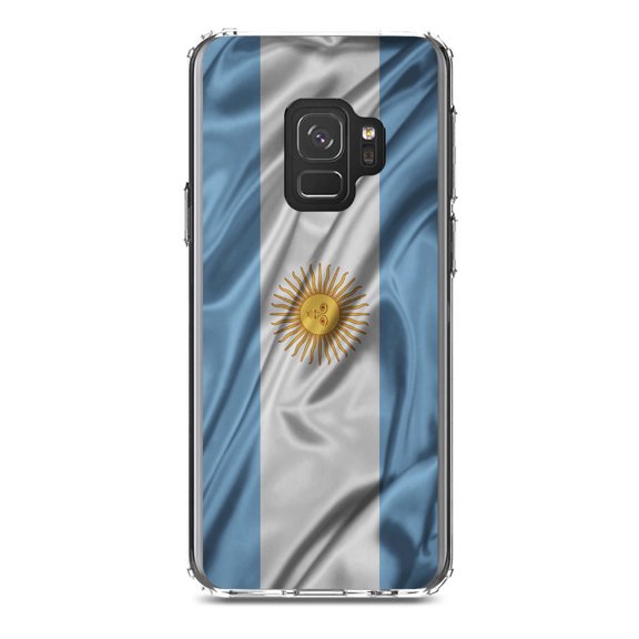 DistinctInk Clear Shockproof Hybrid Case for Samsung Galaxy S9 (5.8" Screen) - TPU Bumper, Acrylic Back, Tempered Glass Screen Protector - Argentina Waving Flag