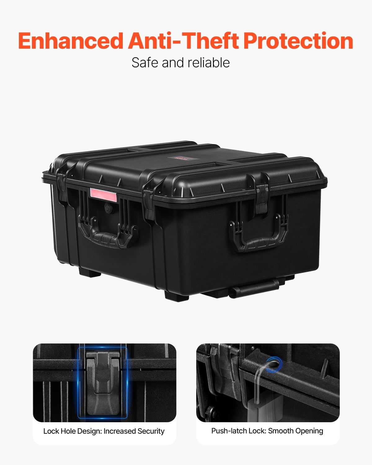 VEVOR Weatherproof Hard Case, Heavy Duty Protective Dry Box Case with Pre-Cut Foam, Wheels & Retractable Pull Handles for Travel, Hunt, Military, Tactical, IP67 Waterproof Case for Cameras(63x50x32)