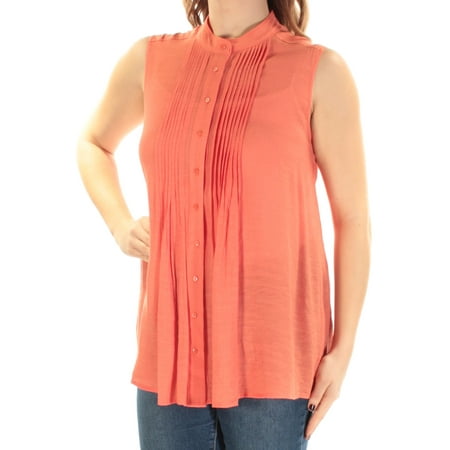 ALFANI Womens Coral Pleated Sleeveless Mandarin Collar Button Up Top Size: 10