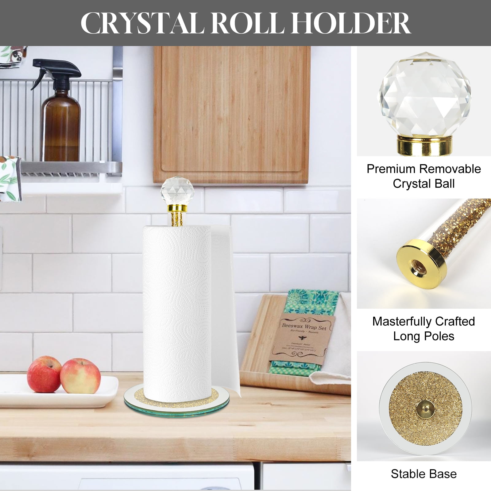 FOUNDLDF Round Base Vertical Paper Towel Holder with Sparkling Crystal Crushed Diamond Accents for Kitchen, Dining Table and Bathroom, Gold