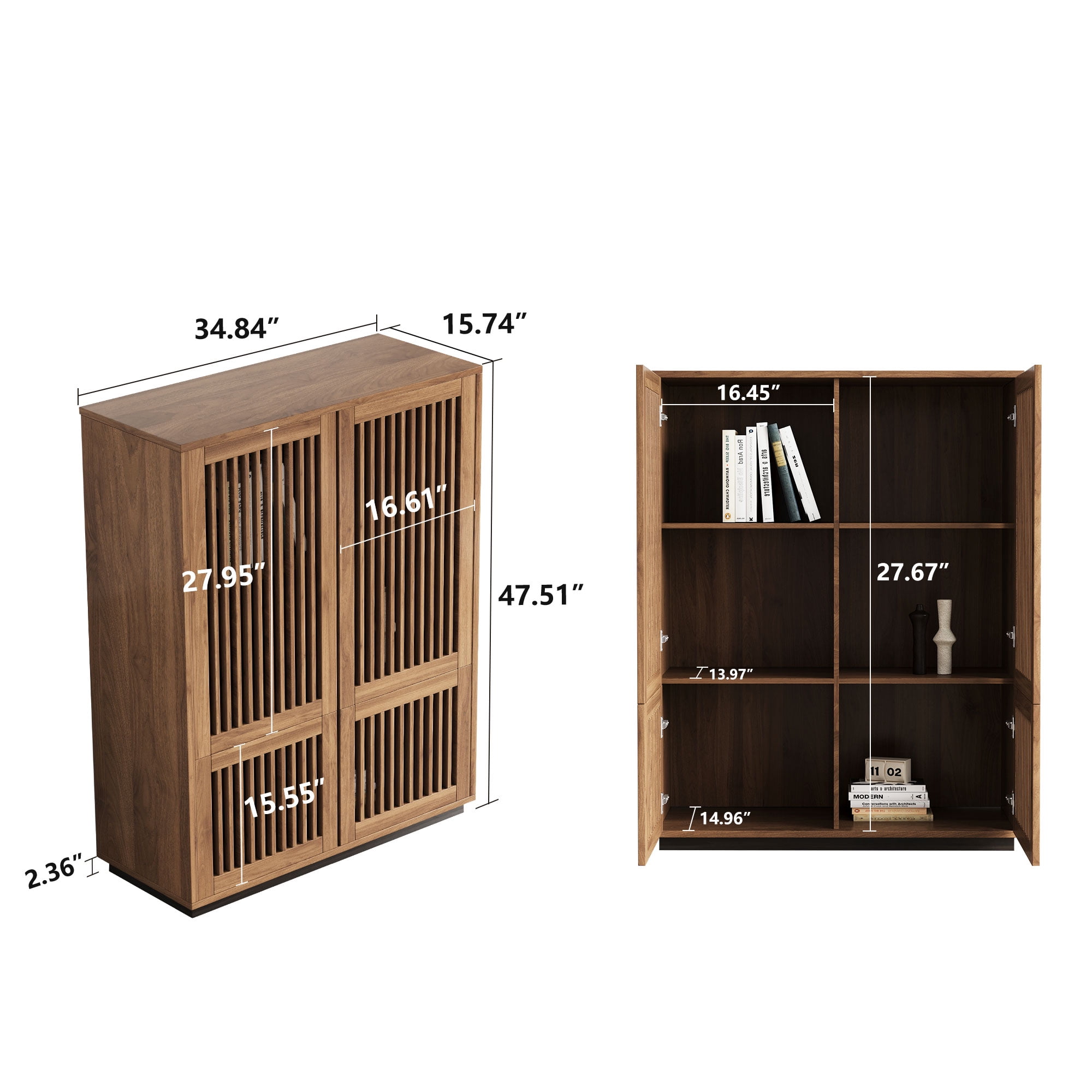 NessCarsti Modern Storage Cabinet, 4 Doors, Shelves, Walnut Brown, 34.84"