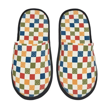 Balery Floral Checkerboard Slient Indoor Furry Fleece Comfort House Shoes Soft Non-Slip Home Shoes Cotton slippers House Slippers-- Medium