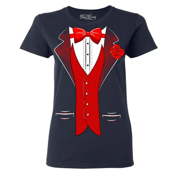 Shop4Ever Women's Red Bow Tie Classic Tuxedo with Rose Flower Graphic T-Shirt XXX-Large Navy