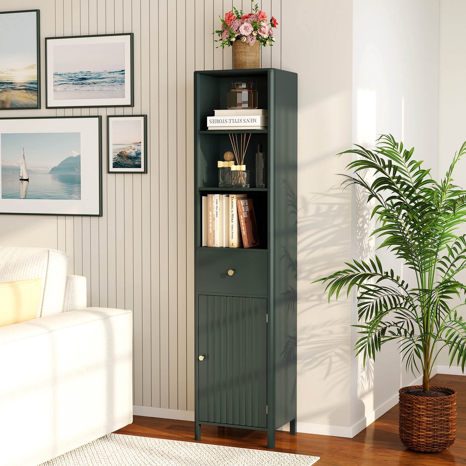Costway 67” Tall Bathroom Cabinet with 3 Open Shelves, 1 Drawer, Adjustable Interior Shelf Green