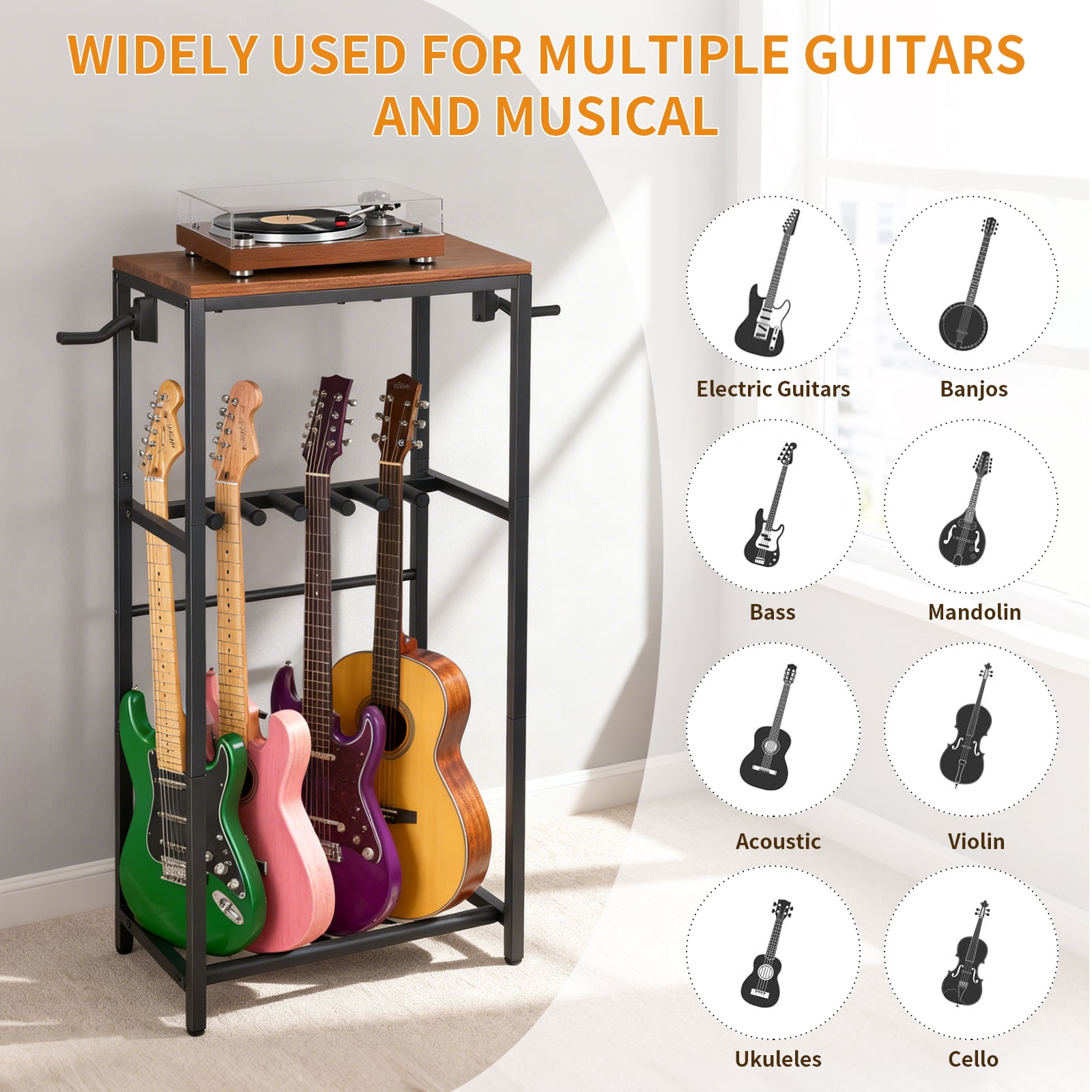 stusgo Multi Guitar Rack,Multi Instrument Guitar Stand for 7 Guitars,Guitars Display Rack with 2 Guitar Holders for Home,Stage,Studio, Brown