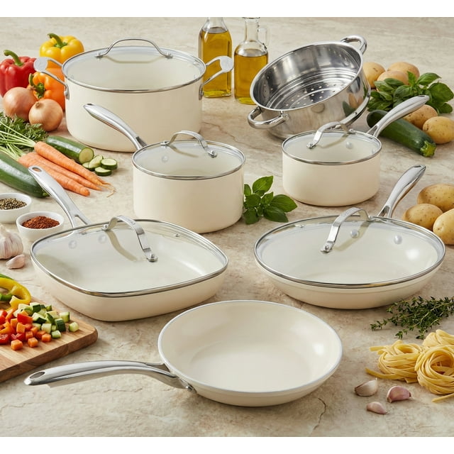 Gotham Steel Cream 12 Piece Ultra Nonstick Ceramic Cookware Set with Stay Cool Handles Dishwasher and Oven Safe