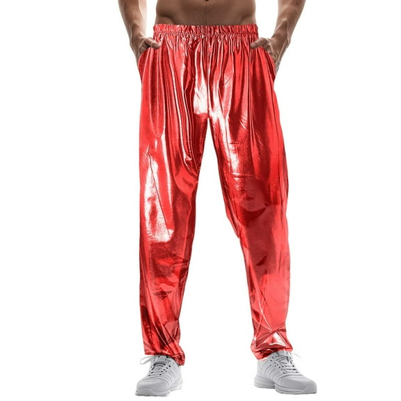 OSOLU Solid Color Men's Shiny Metal Shiny Casual Pants Nightclub Disco Pants Trousers Fashionable Classic Leisure Workout Training Joggers Bottoms