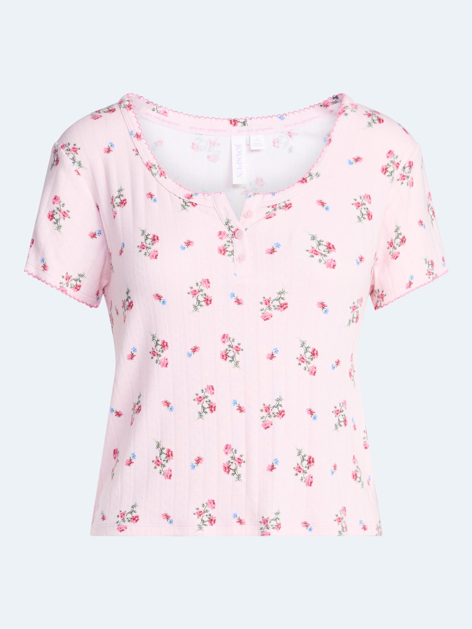 Joyspun Women’s Pointelle Knit Sleepwear Henley Tee with Short Sleeves, Sizes XS-3X