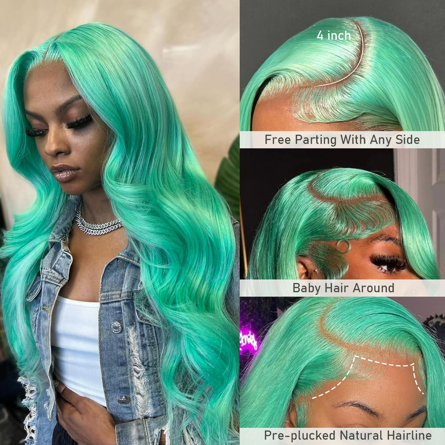 Body Wave Mint Green 13x4 Lace Front Wigs Human Hair 200 Density Pre Plucked Pre Cut UHD Lace Glueless Wig Colored Brazilian Virgin Hair Wigs For Black Women 24 inches