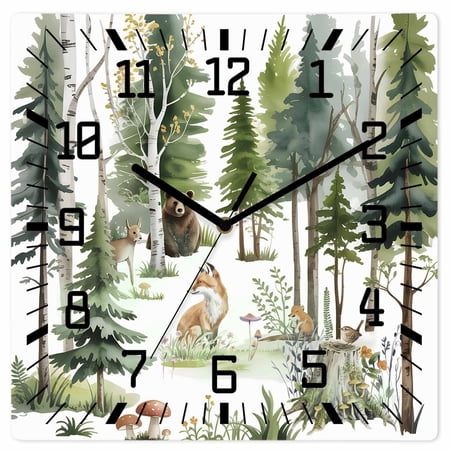 Wall Clock Forest Animal Operated Square Clocks Wooden Silent Non-Ticking Wallclock 12 Inch Woodland Bear Fox Deer Bird Wood Wall Clock for Living Room Bedroom Office Shool Home Decor
