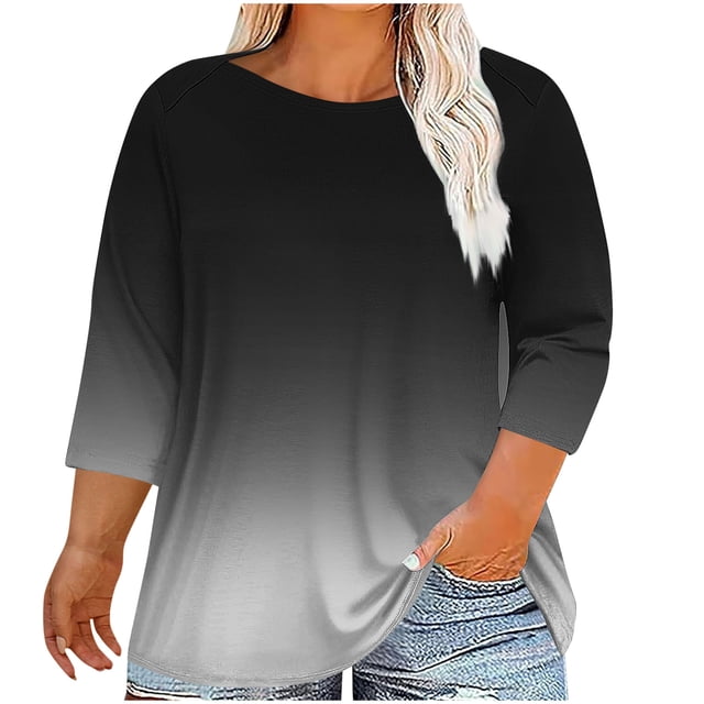 Cinvoph Womens Summer Plus Size Tops 3/4 Sleeve Crew Neck Gradient Color T Shirts Casual Workout Basic Tees Clothes
