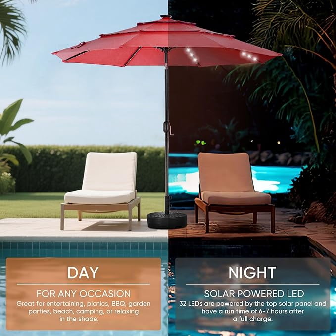 10FT 3-Tier Solar Patio Umbrella with 32 LED Lights, Outdoor Umbrellas with Push Button Tilt and Crank, Tilting Table Umbrella with 8 Sturdy Ribs for Market, Beach, Pool, Garden, UV Protection, Red