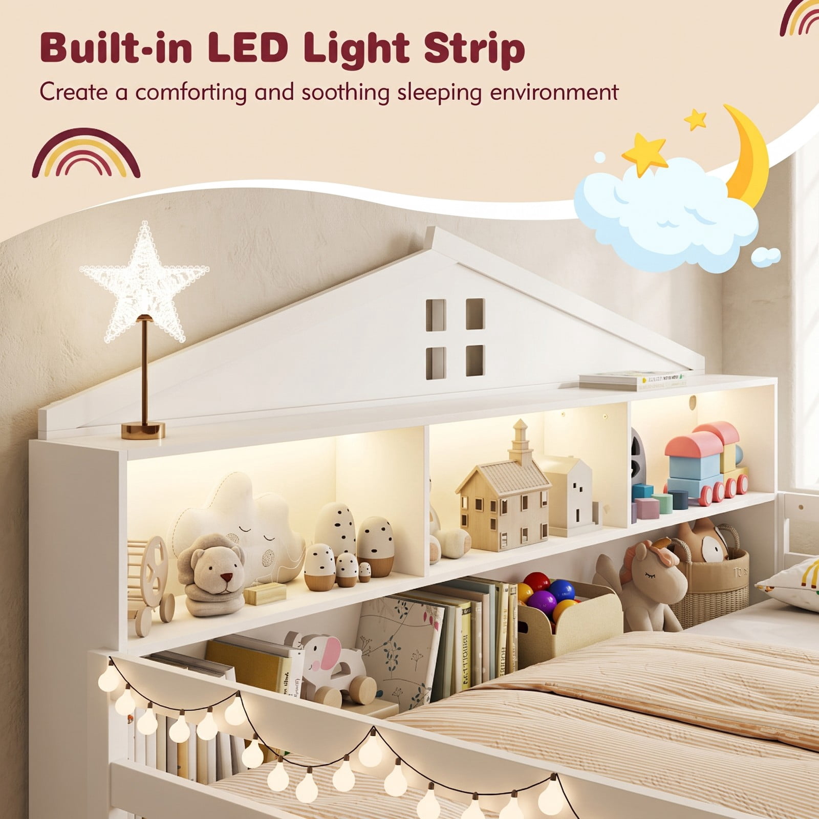 Furnibear Full Size Bed Frame Montessori Floor Bed with House Headboard and LED Lights, Kids Room Floor Bed Frame with Storage, White