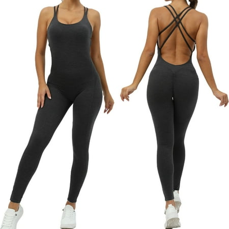 GEWSEY Womens Flare Jumpsuit with Bra Tummy Control Cutout Romper Workout Outfit Sleeveless Unitard One Piece Backless Bodysuit (Dark Gray  S)