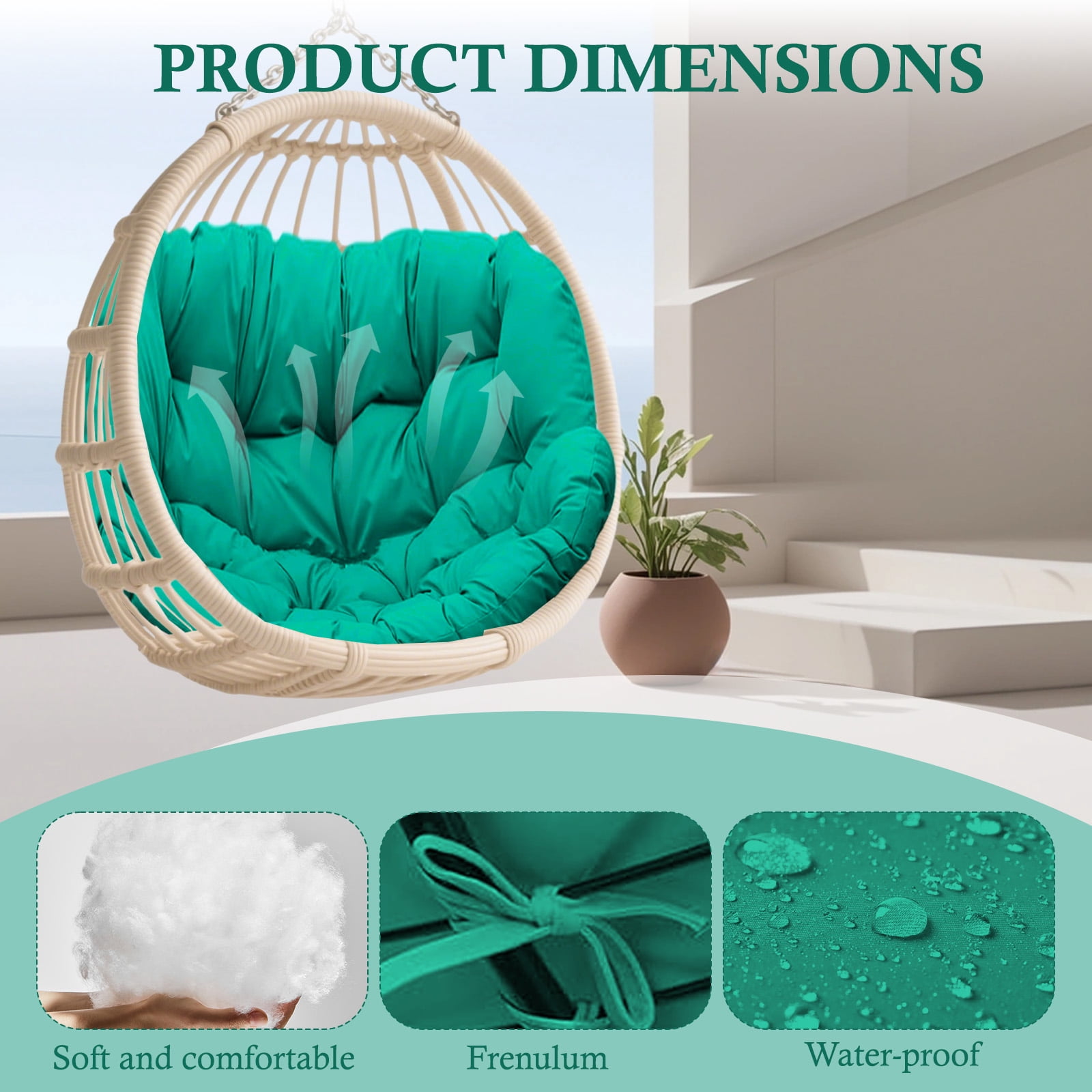 Egg Chair Cushion Replacement Waterproof – Outdoor Rocking Chair Cushions 6.3" Thick UV Resistant with 6 Straps for Patio, Balcony, Garden, Lake Blue