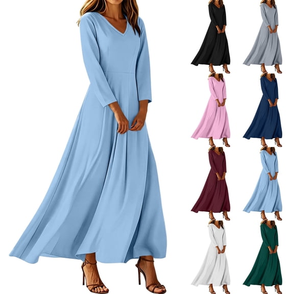 Zivyakyron Evening Dresses for Women V Neck 3/4 Sleeve Solid Loose Flowy Cocktail Maxi Dresses