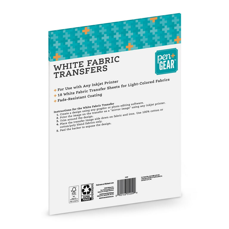 Pen + Gear White Fabric Transfer Paper, Inkjet Printable, 8.5 x 11, 18  Sheets 