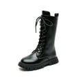 thumbnail image 3 of Girls Leather Riding Knee High Boots with Side Zipper Fashion Round Toe Comfortable Low Heel Lace Up Combat Boots Lug Sole Motorcycle Boots Little Kid/Big Kid, 3 of 8