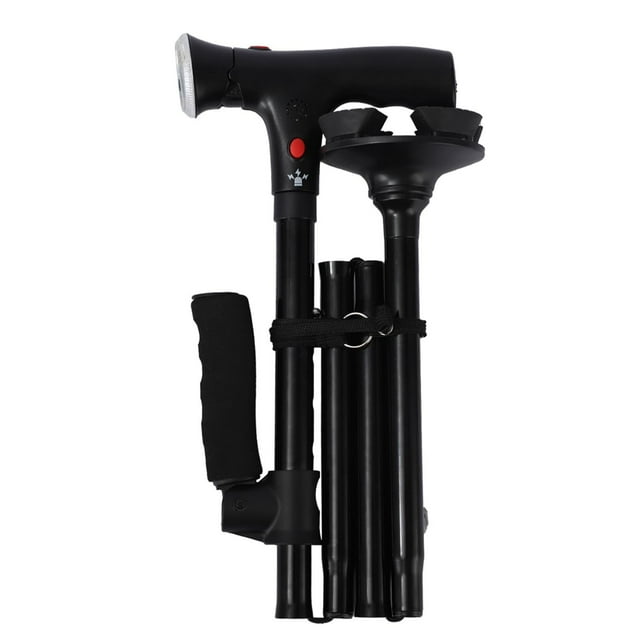 Folding Cane with Led Light and Alarm, Furenl Folding Cane with Led Light and Alarm – Adjustable Cane for Elderly and Disabled, Cushioned T-Handle and Swivel Four Pedestal Base