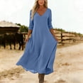 thumbnail image 4 of Ayolanni Fall Dresses V Neck Beach Long Sleeve A-Line Maxi Dresses Casual Flowy Pleated Solid Long Dress Blue XL, 4 of 7