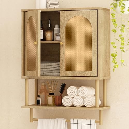 Rattan Bathroom Wall Cabinet, Modern Boho Medicine Cabinet with Two Arched Rattan Doors, Over The Toilet Storage Cabinet with Adjustable Shelf and Towel Bar for Bathroom (Natural,Medium)