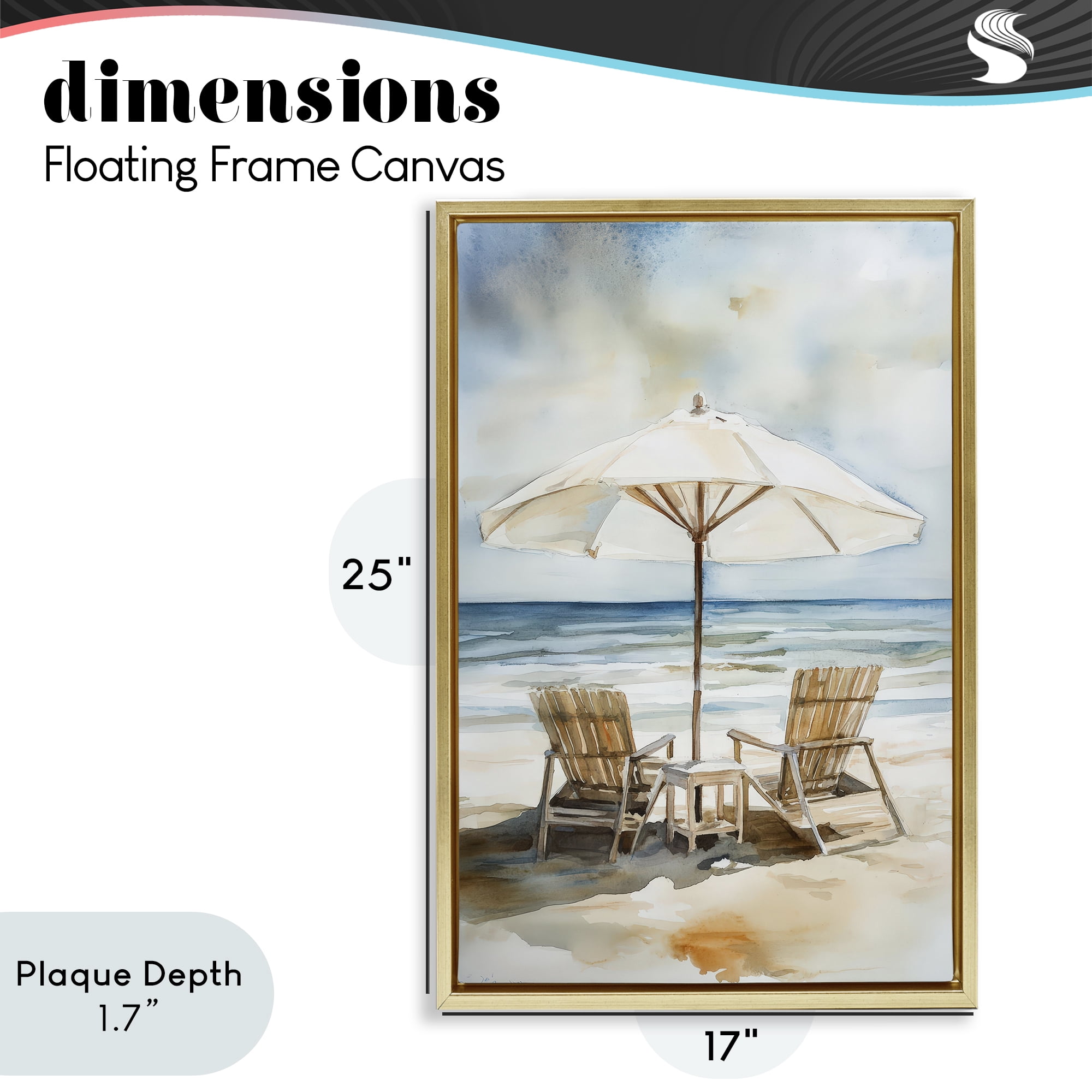 Stupell Industries Watercolor Paradise Beach Scene Gold Framed Floater Canvas Wall Art, design by Petal Prints Design