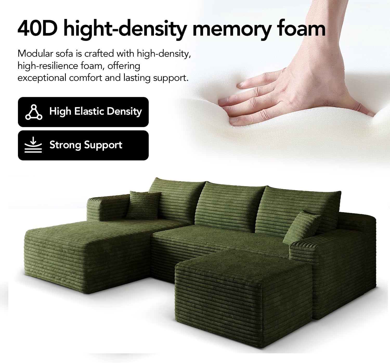 MOONMISS Small Modular Sectional Sofa with Movable Chaise and Ottoman,U-Shaped Boneless Cloud Couch for Living Room Apartment,Green(Left Facing Chaise)