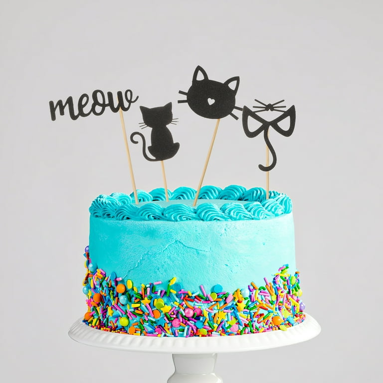 Cat Happy Birthday Cake Topper – Pet Party Decorations, Glitter Cardstock Picks For Cakes
