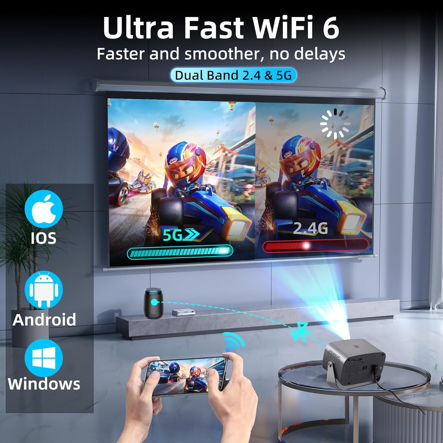 CNV Smart Mini Projector with WiFi and Bluetooth,supports 1080P Portable,supports 4k Outdoor Portable Projector,Wireless mirror screen mirroring