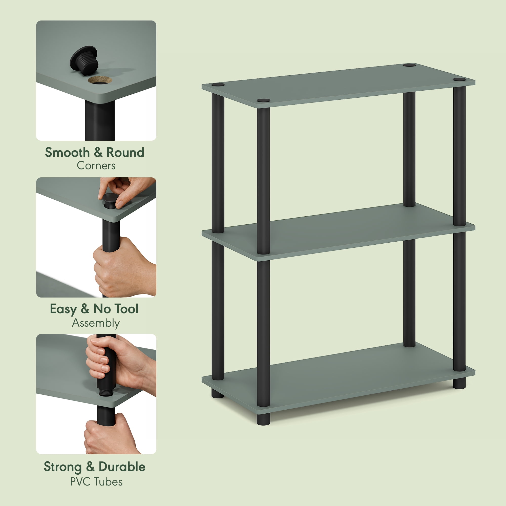 Furinno Turn-N-Tube Toolless Assembly 3-Tier Closet Shelf, Green Closet Organizer, Open Shelf Closet Organizers and Storage, for Wardrobe, Living Room, Sage Green