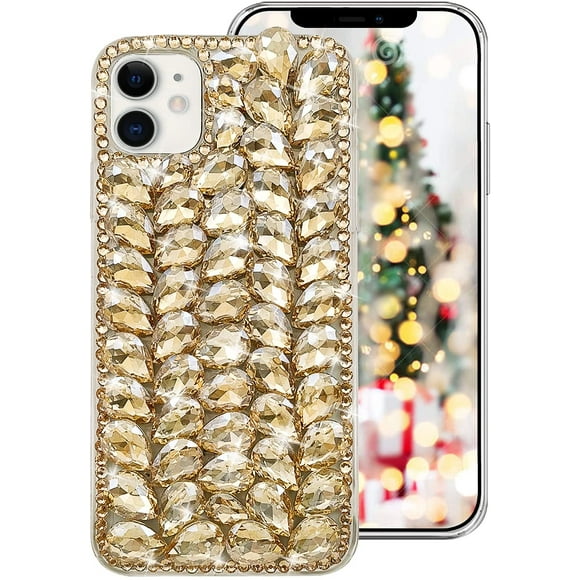 for iPhone 11 Bling Diamond Case for Women Cute 3D Rhinestone Crystal Shiny Sparkle Handmade Gemstone Protective Cover Luxury Fashion Glitter Case for iPhone 11 6.1 inch Gold