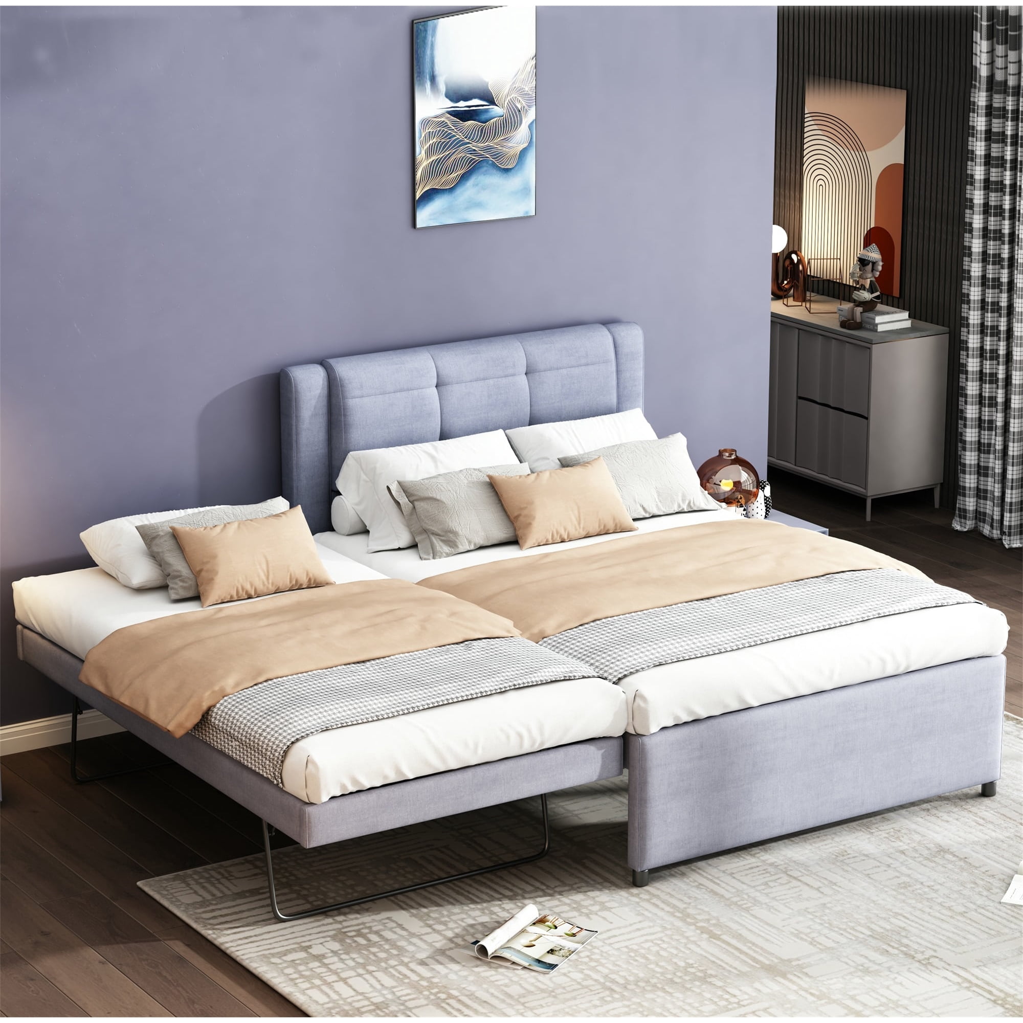 Harper & Bright Designs Full Size Upholstered Bed with Adjustable Trundle, Full Platform Bed with Padded Headboard for Bedroom, Twin Trundle can be Flat or Erected, Gray