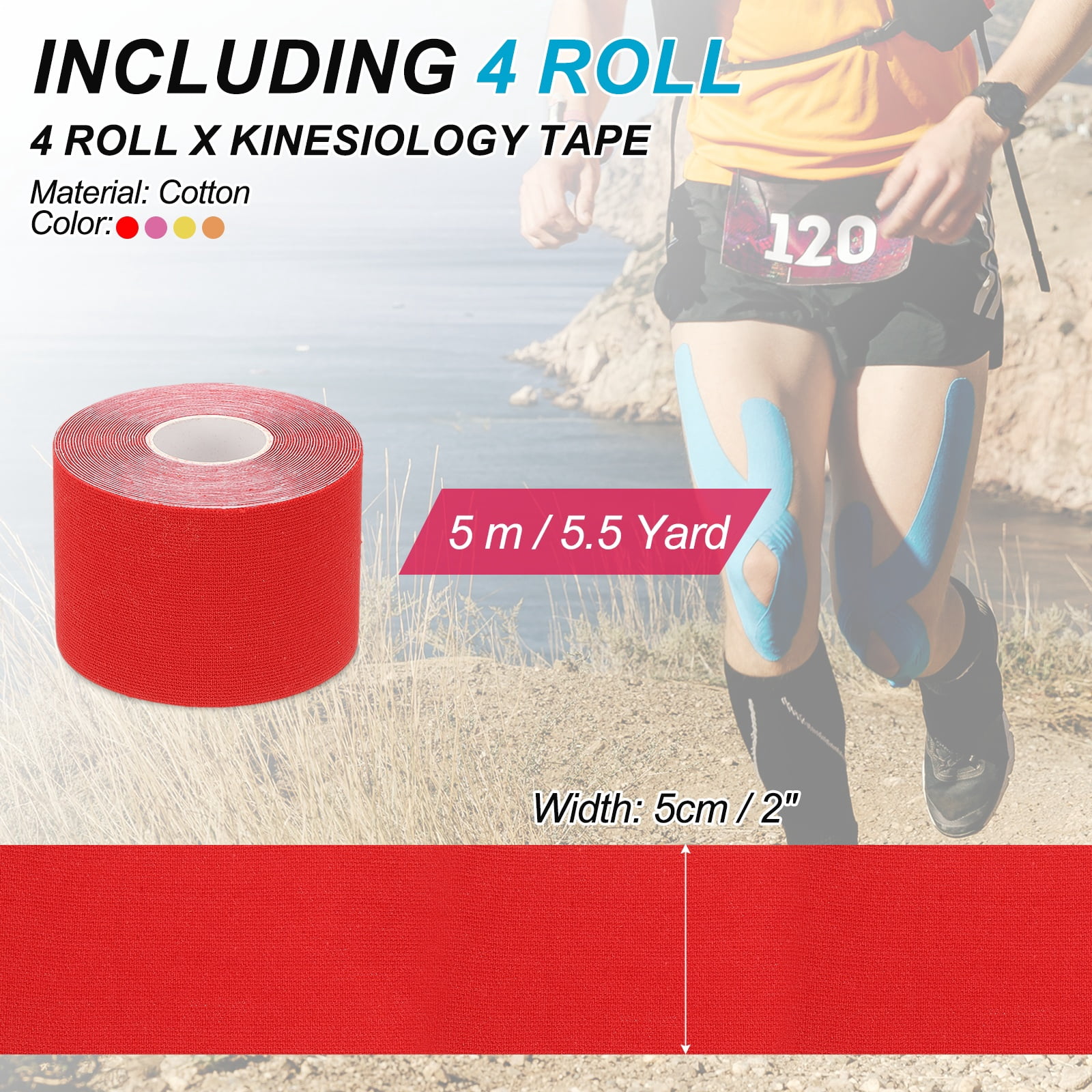 Uxcell Kinesiology Tape, Adhesive Cotton Sport Muscle Support Tapes Waterproof Elastic Tape for Knee Ankle Wrist Shoulder Red/Rose Red/Yellow/Orange