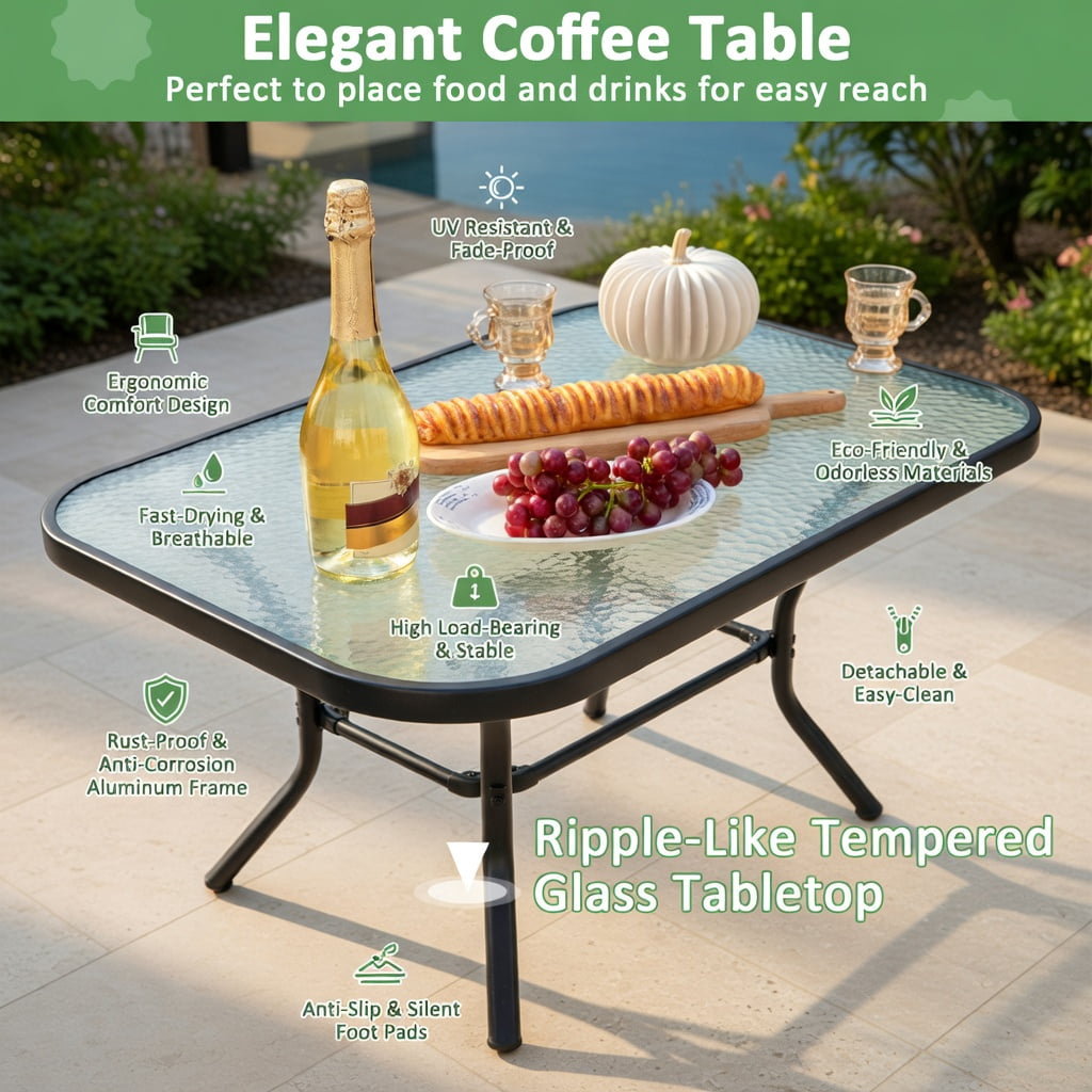 Hommoo Outdoor Loveseat Set with Black Metal Frame, Cushions & Tempered Glass Coffee Table, Patio Seating for Backyard, Poolside & Balcony, Navy