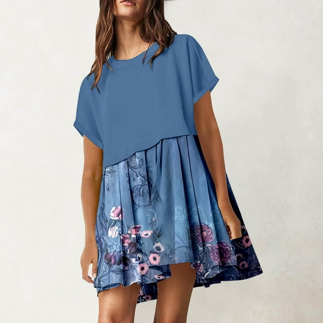 WILLBEST Robe Mignonne Plissée Patchwork Décontractée Manches Courtes Ample