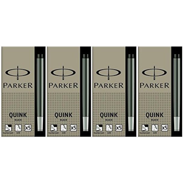 Parker Quink Permanent Ink Fountain Pen Refill Cartridges, 20 Black Ink