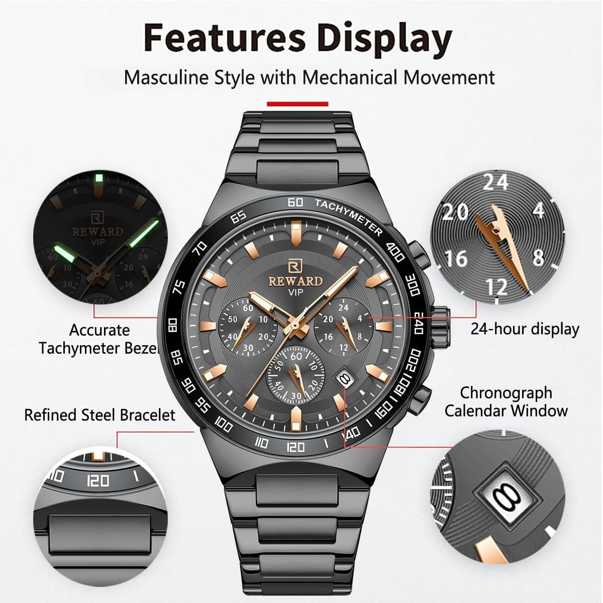 2025 New Design REWARD VIP Business Watches for Men Stainless Quartz Wristwatches Chronograph Luminous Sport Wrist Watch