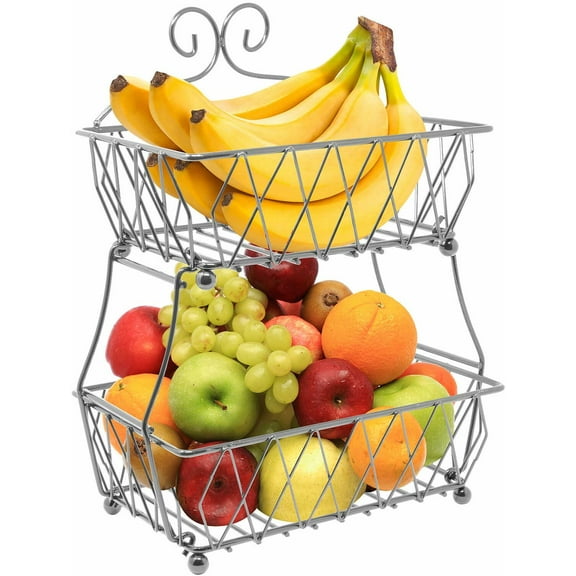 HLL Fruit Basket Display Stand, 2-Tier, for Vegetable, Fruit & Bread Counter Storage for Kitchen, Bathroom, Rectangular Antique Metal(Silver)