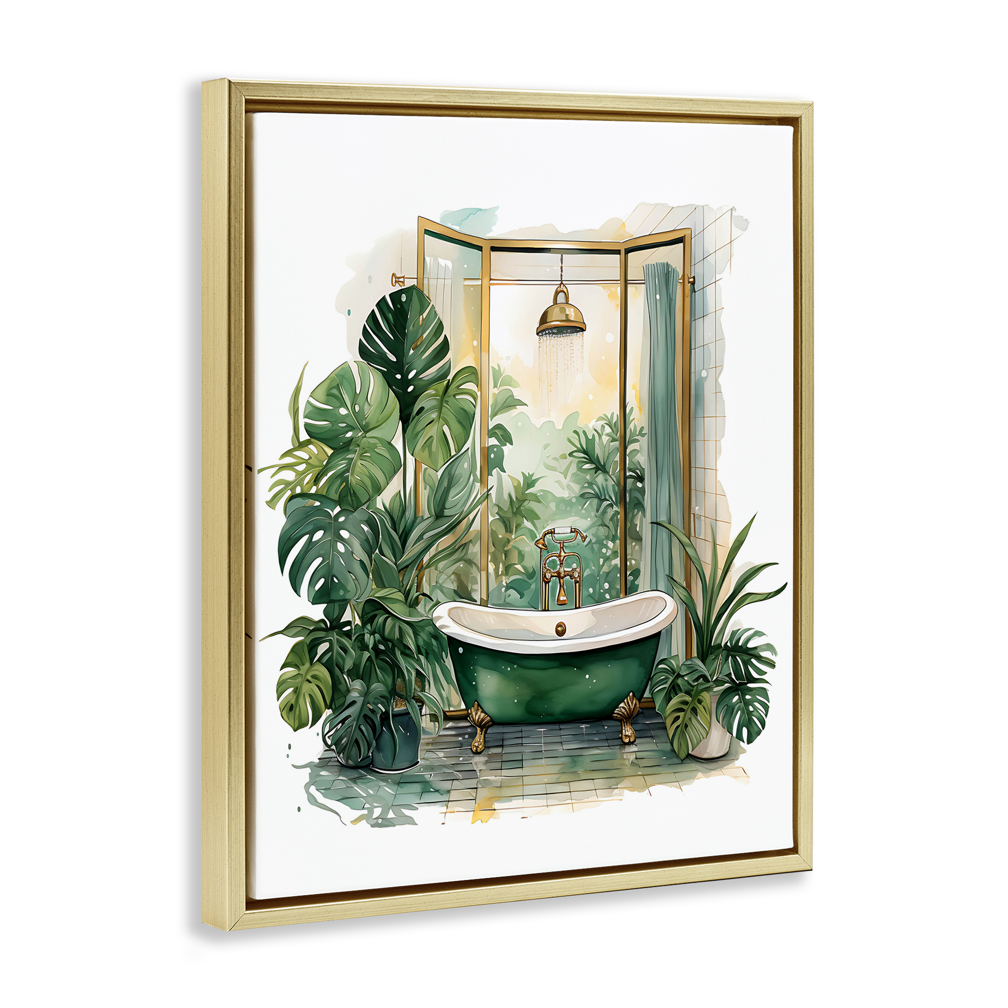Bathtub in Tropical Oasis Gold Framed Floater Canvas Wall Art, design by Lettered and Lined