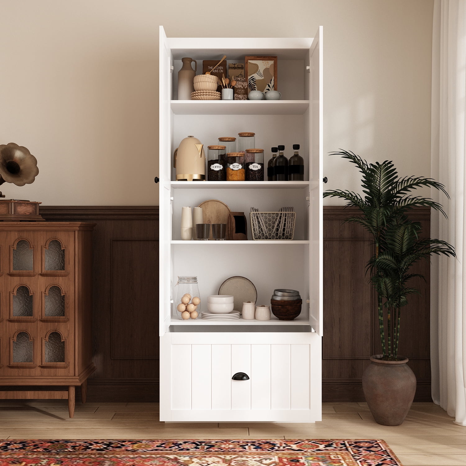 MONSLIPA 71" Tall Kitchen Pantry, Freestanding Pantry Cabinet with Adjustable Shelves and Doors for Kitchen Dining Room, White