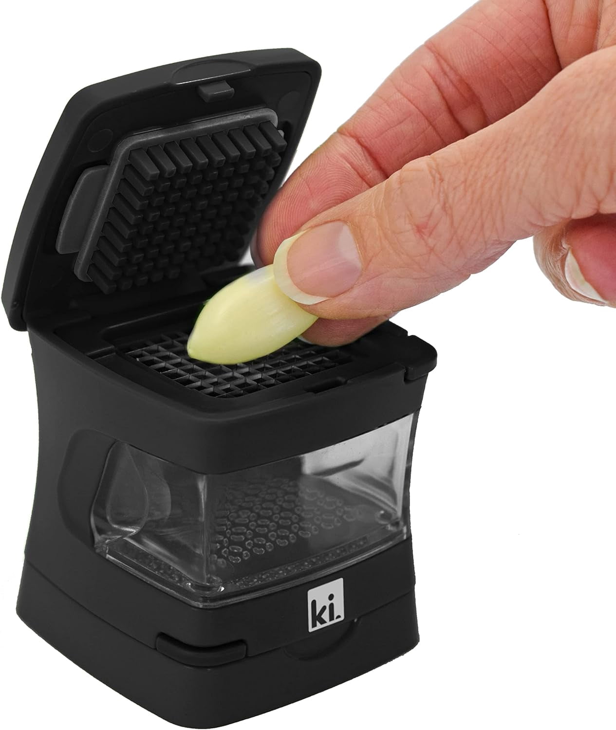 Kitchen Innovations Garlic-A-Peel Garlic Press, Crusher, Cutter, Mincer, and Storage Container - Includes Silicone Garlic Peeler - Easy to Clean - Stainless Steel Blades ‚Äì (Black), standard