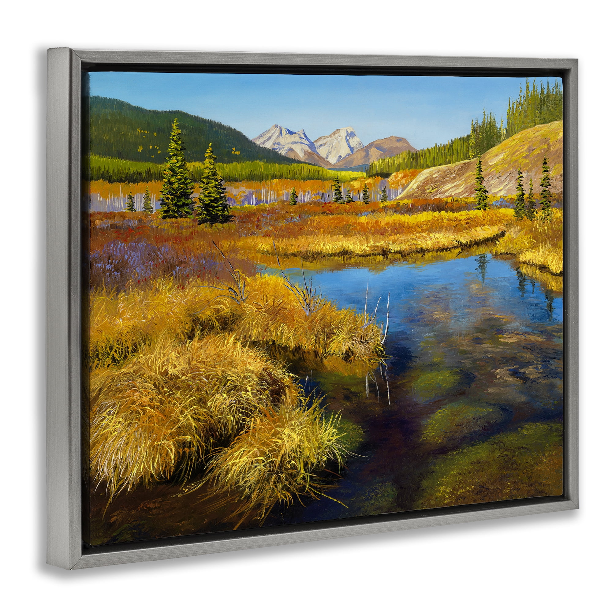 Stupell Industries Lush Pond Landscape Landscape & Nature Painting Gray Floater Framed Canvas Art Print Wall Art, 31 x 25