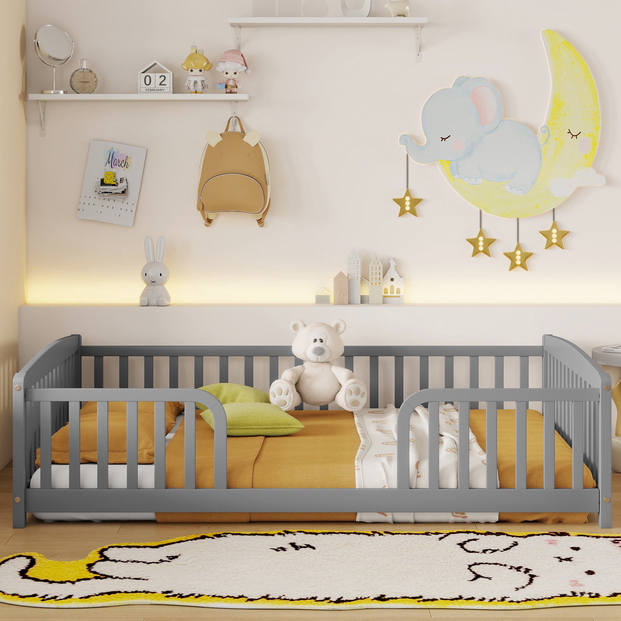 Jopath Full Size Floor Fence Bed with Central Entrance,Pine Wood Floor bed with Guardrails for Boys Girls Grey