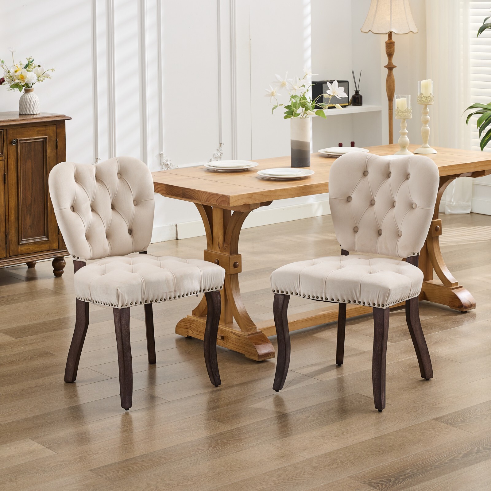 DEALTOPS French Vintage Tufted Upholstered Fabric Dining Chair,Set of 2,Beige