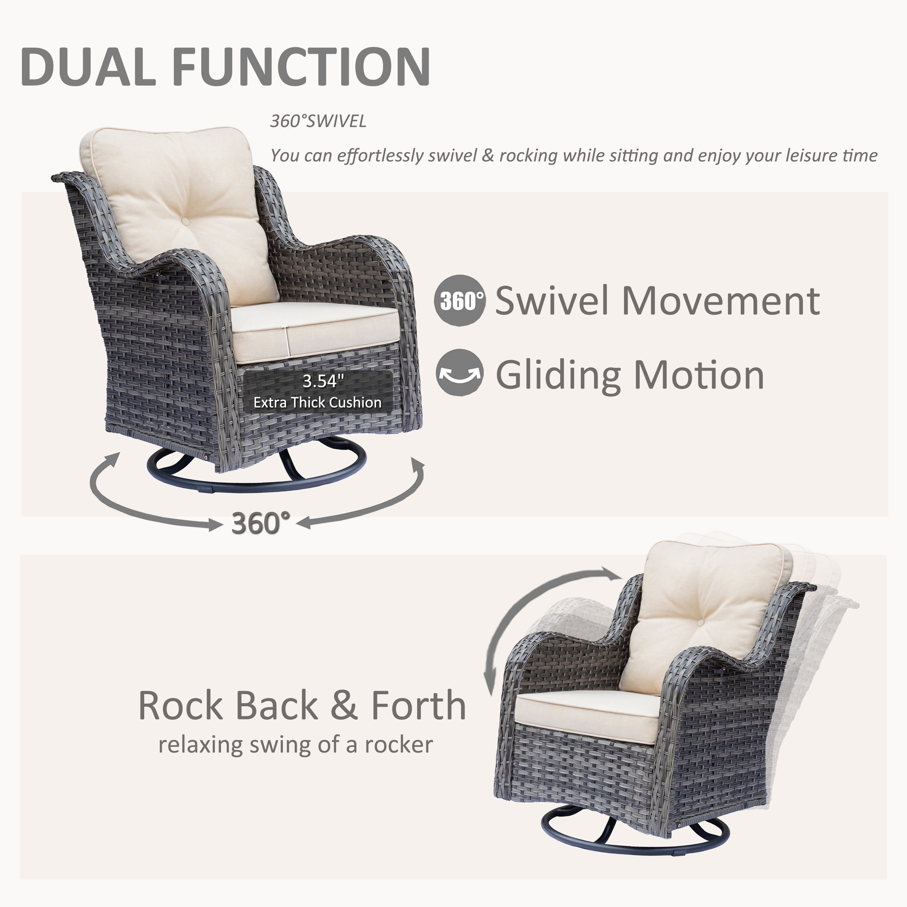 Fulljojor 4 Pieces Outdoor Patio Furniture Set, Rattan Wicker Sectional Swivel Rocker Chairs Sets