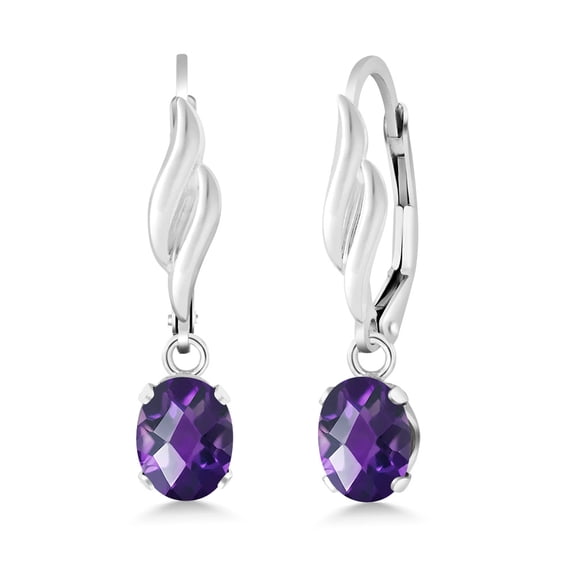 Gem Stone King 925 Sterling Silver Purple Amethyst Leverback Dangle Drop Earrings for Women (1.50 Cttw, Gemstone February Birthstone, Oval Checkerboard 7X5MM)
