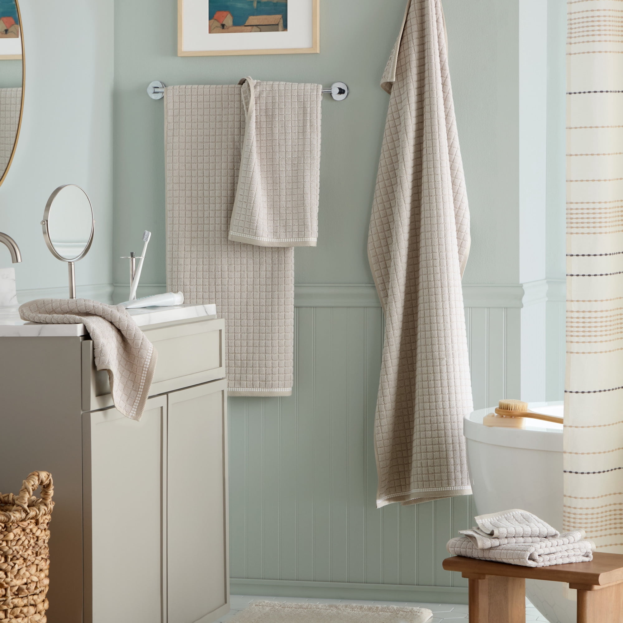 TOWN & COUNTRY EVERYDAY 6-Piece Textured Windowpane Set, 2-Bath Towels, 2-Hand Towels, 2-Washcloths, 100% Cotton, Plush & Absorbent 550GSM, Beige
